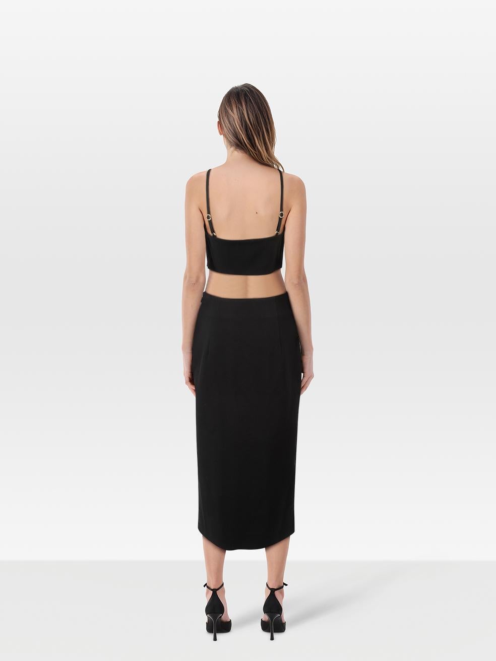 CONDITION is Very Good. Hardly any visible wear to the matching set is evident on this used Cult Gaia designer resale item.
 
 Details
 
 
 Black
 
 Polyester
 
 Top & skirt set
 
 Bronze hoop hardware cut out detail
 
 See through front
 
