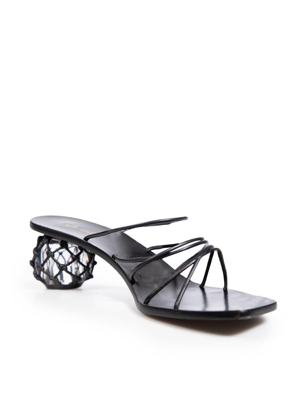 CONDITION is Very good. Hardly any visible wear to shoes is evident on this used Cult Gaia designer resale item.  
 
 Details
 
 
 Model: Kelly
 
 Black
 
 Leather
 
 Sandals
 
 Open toe
 
 Slip-on
 
 Strappy
 
 Polycarbonate heels with mesh detail
