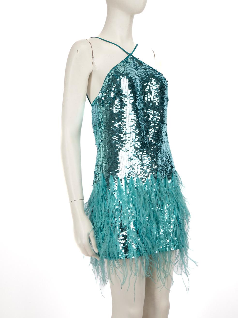 CONDITION is Never worn. No visible wear to dress is evident on this new Cult Gaia designer resale item.
 
 
 
 Details
 
 
 Model: Solina
 
 Blue Seamoss
 
 Polyester
 
 Dress
 
 Mini
 
 Sleeveless
 
 V-neck
 
 Sequinned
 
 Ostrich feather trim
 
