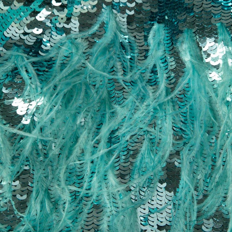 Cult Gaia Blue Sequin Ostrich Feather Trim Solina Dress Size S at 1stDibs