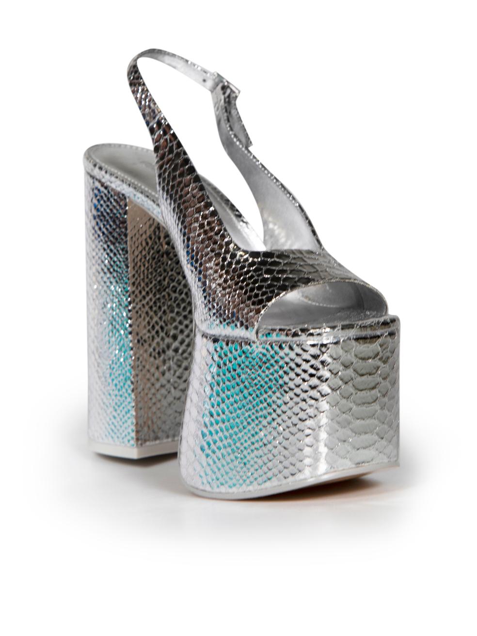 CONDITION is Never worn. No visible wear to shoes is evident on this new Cult Gaia designer resale item.
 
 
 
 Details
 
 
 Silver
 
 Leather
 
 Heels
 
 Python pattern
 
 Platform
 
 High heeled
 
 Adjustable slingback strap
 
 Peep toe
 
 
 
 
 
