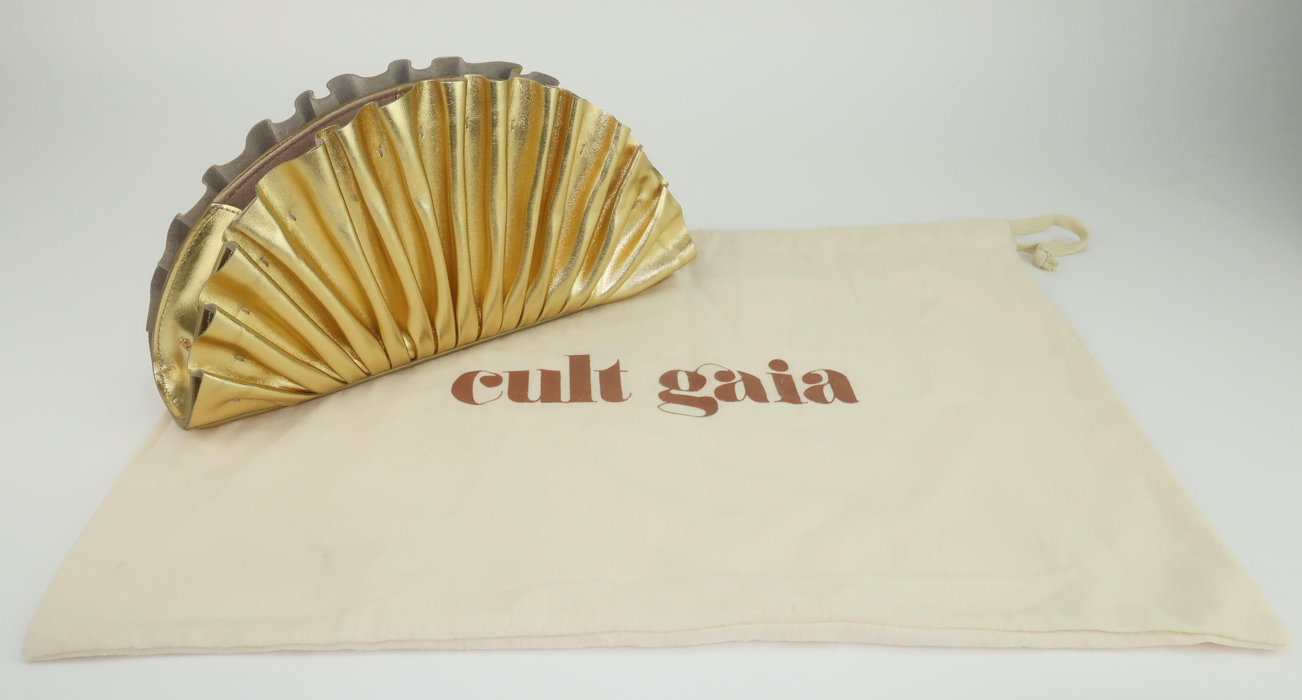Cult Gaia Nala Gold Leather Fan Clutch Handbag 3