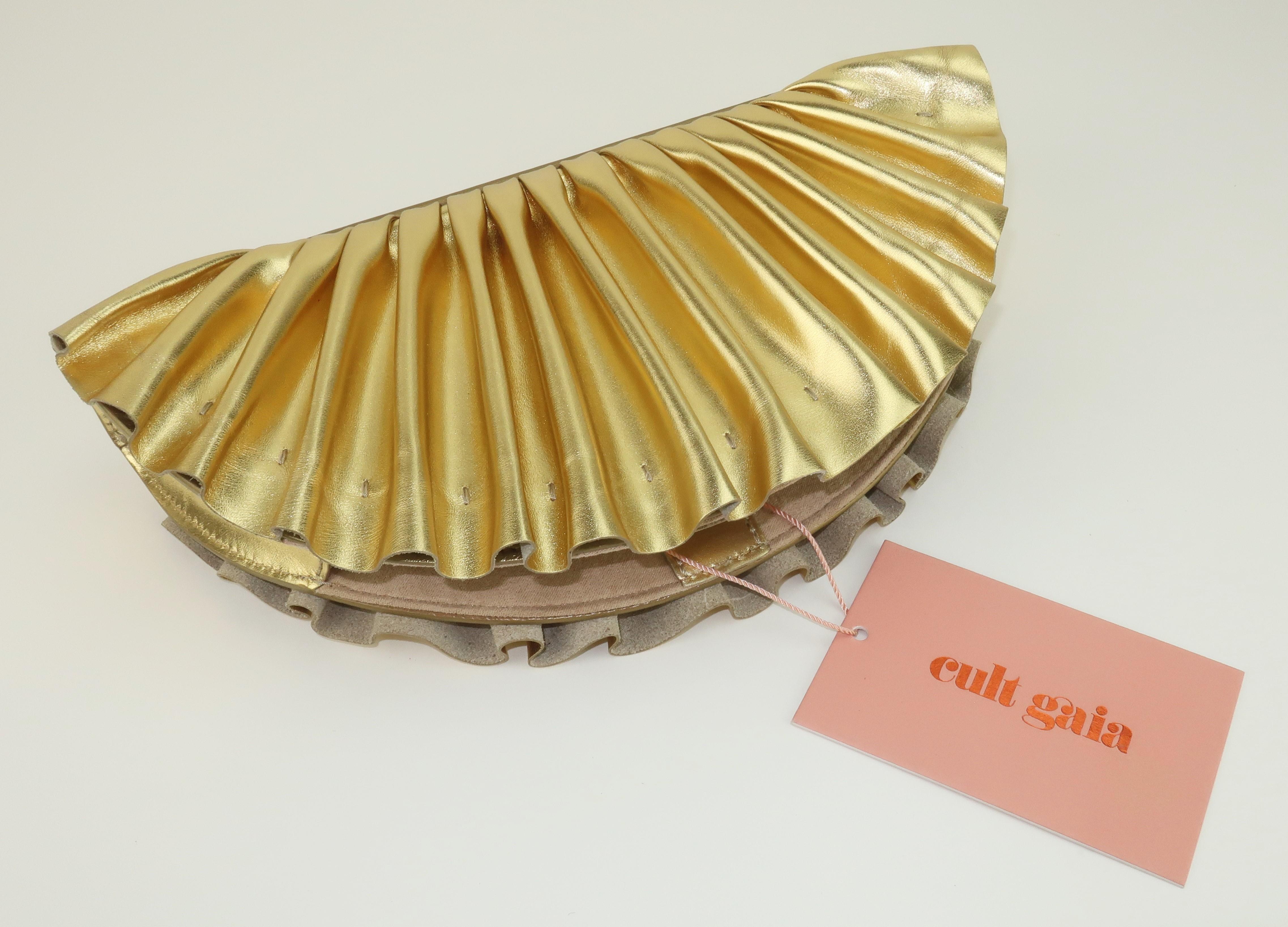 Cult Gaia Nala Gold Leather Fan Clutch Handbag 1