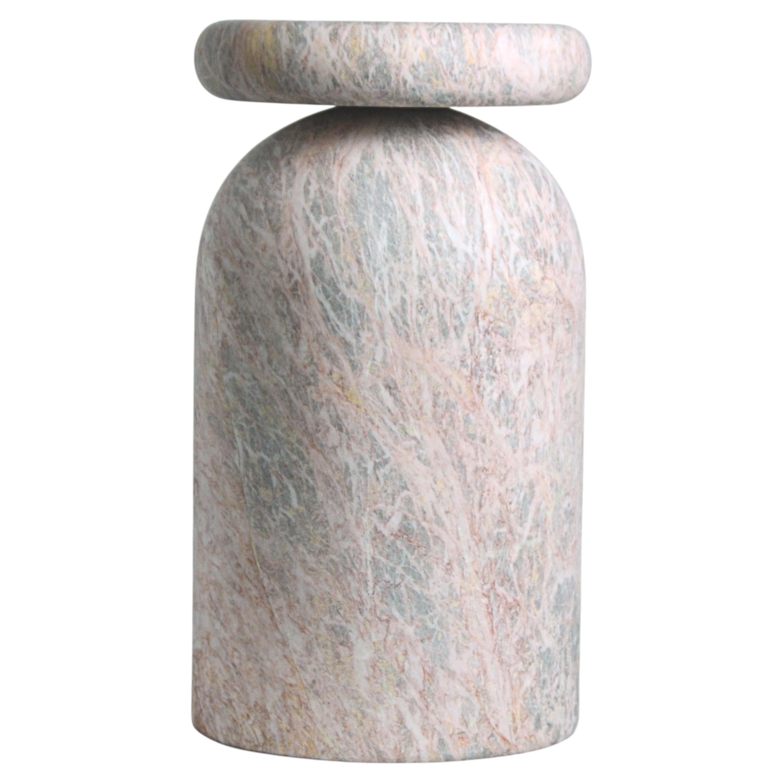 Sculptural Side Table & Stool, Hand-Carved Mexican Rose Marble, Panorammma For Sale