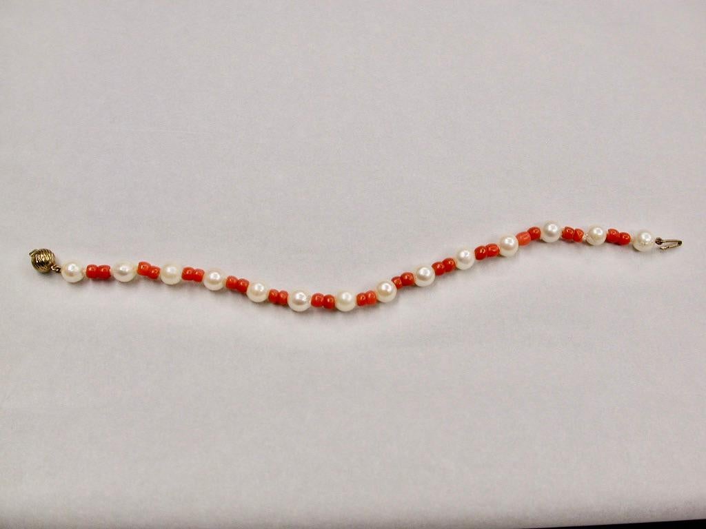 Modern Cultered Pearl and Coral Bead Necklace with Matching Bracelet, Circa 1970