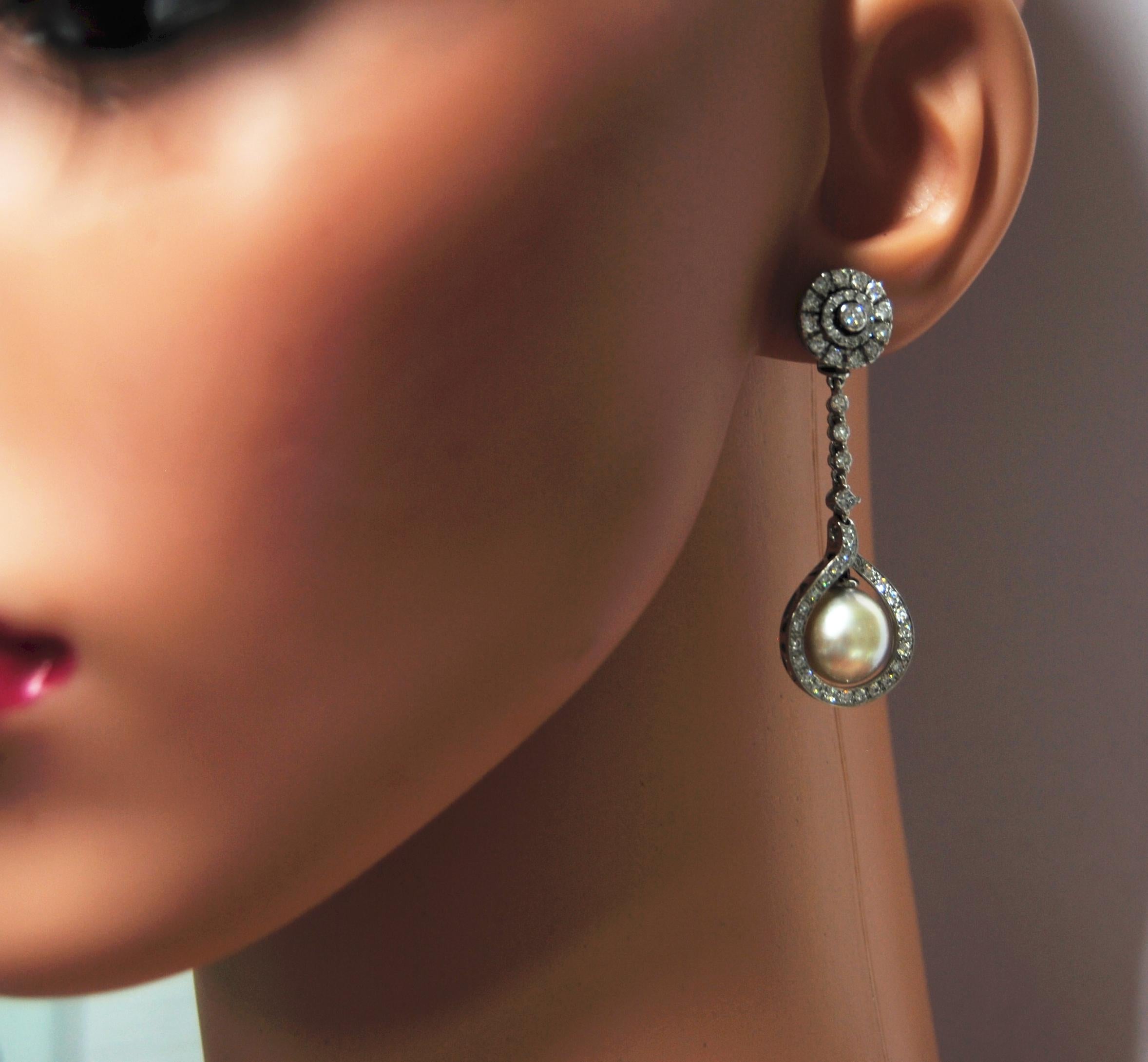 Cultivated Pearl Drop and Stud Earrings 18 Karat Gold and 2.16 Carat Diamond For Sale 4