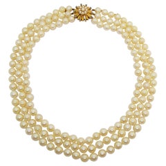 Collier 3 brins Cultivated avec broche en or 18 carats et turquoise