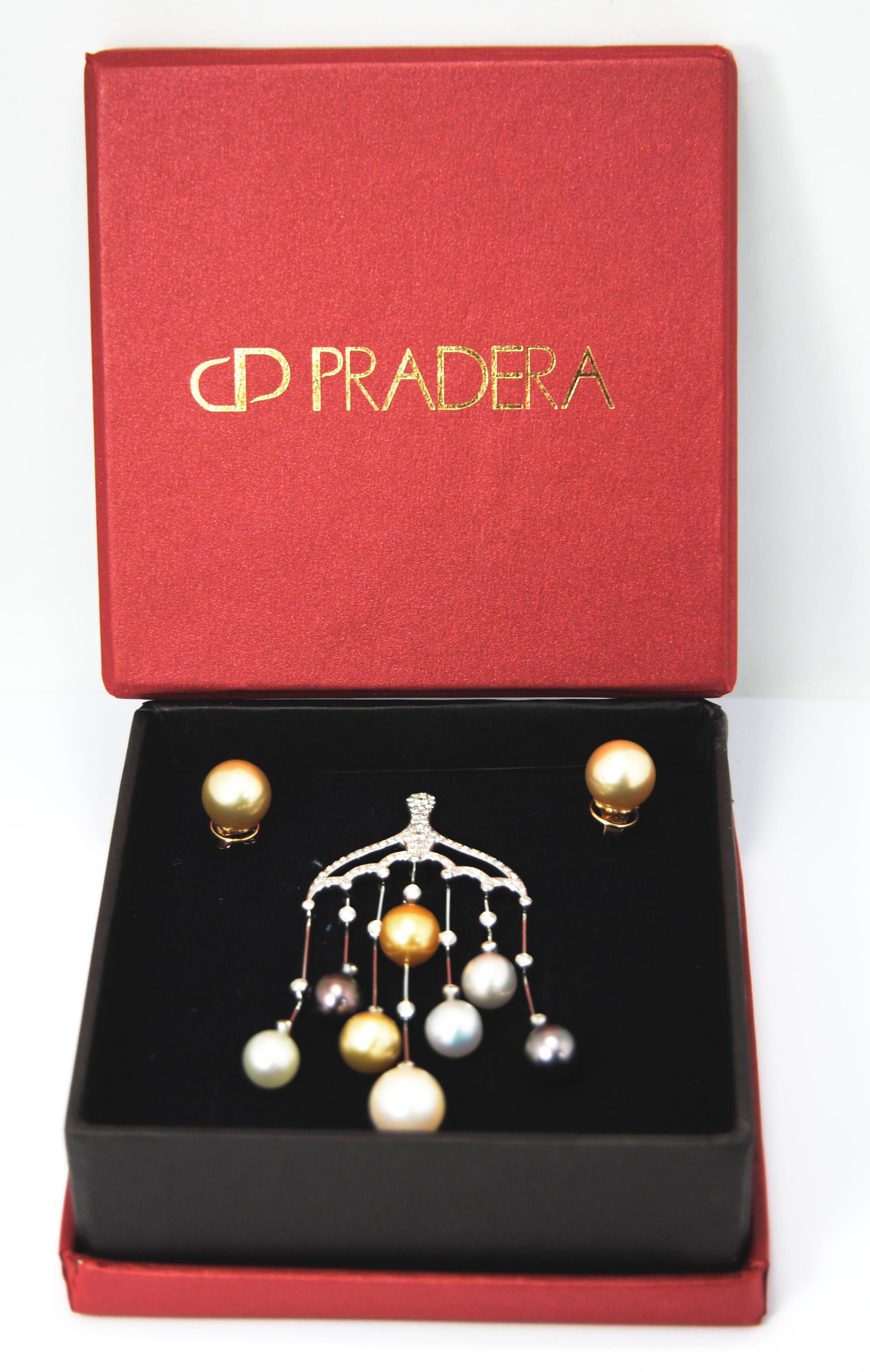 Taille brillant Pendentif symphonie en or 18 carats et diamants avec perles multicolores cultivées en vente
