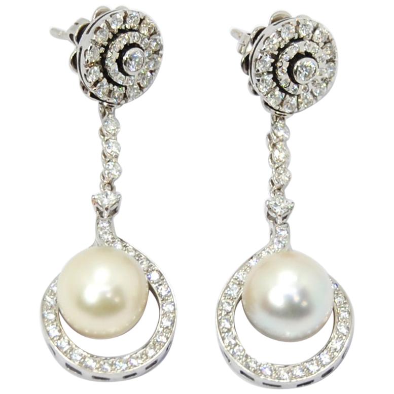 Cultivated Pearl Drop and Stud Earrings 18 Karat Gold and 2.16 Carat Diamond