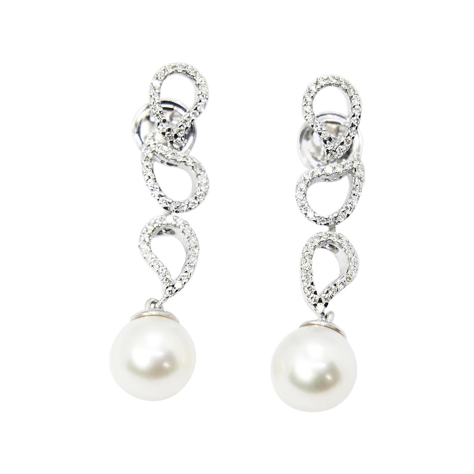 Cultivated White Pearl in Drop Earrings of 18kt Gold and 1.28 Carat Pave Diamond For Sale
