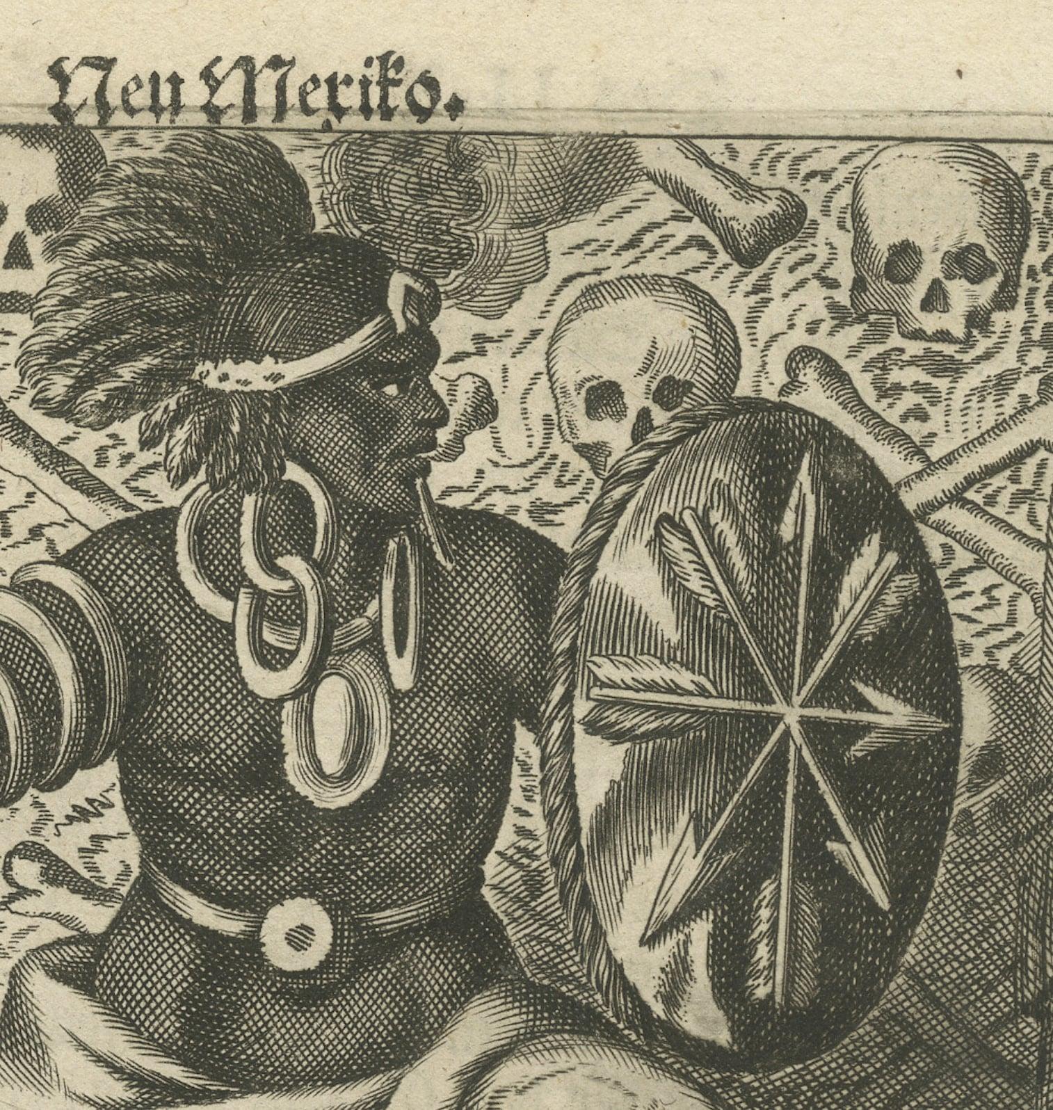 Cultural Encounter in New Mexico, Copper Engraving Published in 1673 In Good Condition For Sale In Langweer, NL