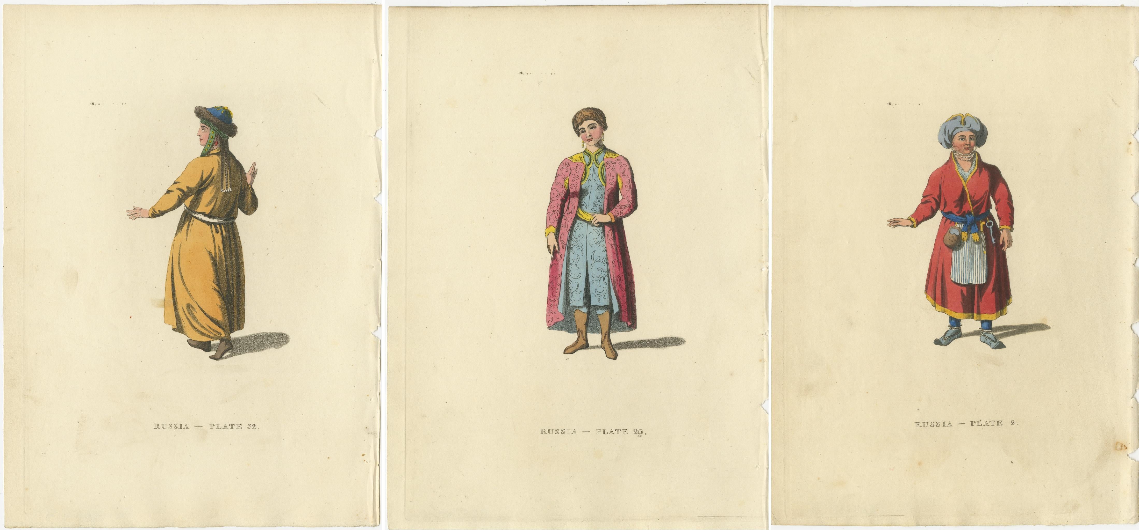 These original antique images are colored engravings that represent the traditional attire of three female inhabitants from different ethnic groups within the Russian Empire as of the early 19th century. The subjects of the engravings are a Lapland