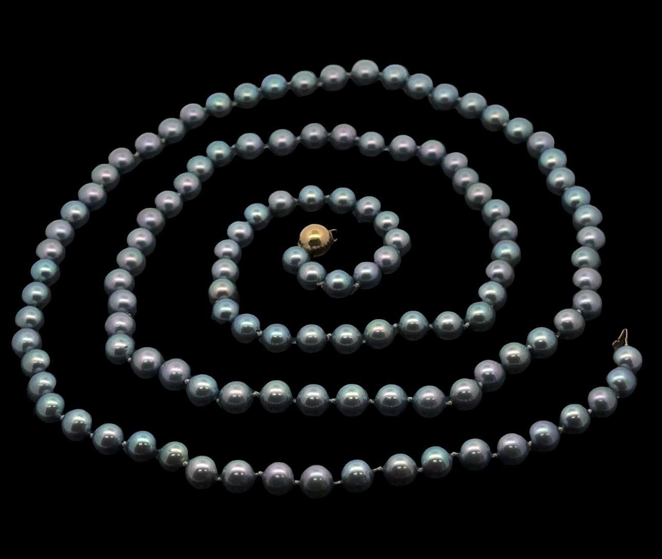 Taille ronde Collier de perles de culture grises de 6,5 à 7 mm fermoir en or jaune 14k en vente