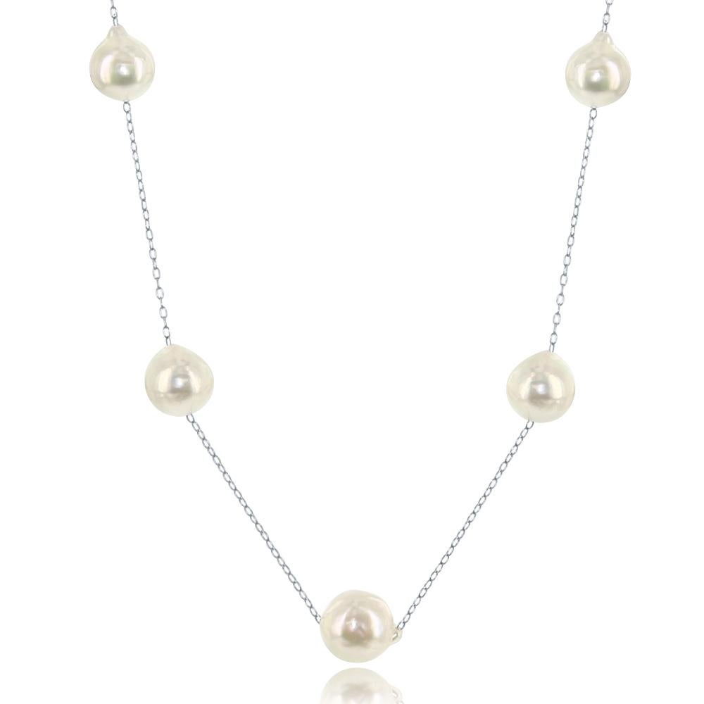 This piece features cultured Akoya baroque pearls graduating in size from 6-9mm. This sterling silver tin-cup style chain can be worn as either a 20 inch necklace or as a mask chain.