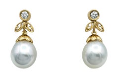 Cultured Akoya Pearl & Diamond Drop Earrings with Milgrain 18 Karat Yellow Gold