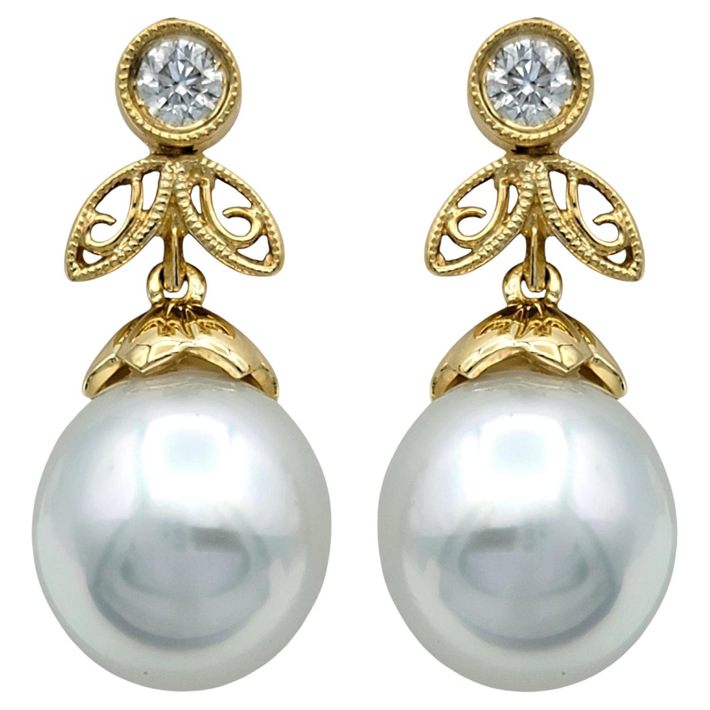 Cultured Akoya Pearl and Round Diamond Drop Earrings in 18 Karat Yellow Gold