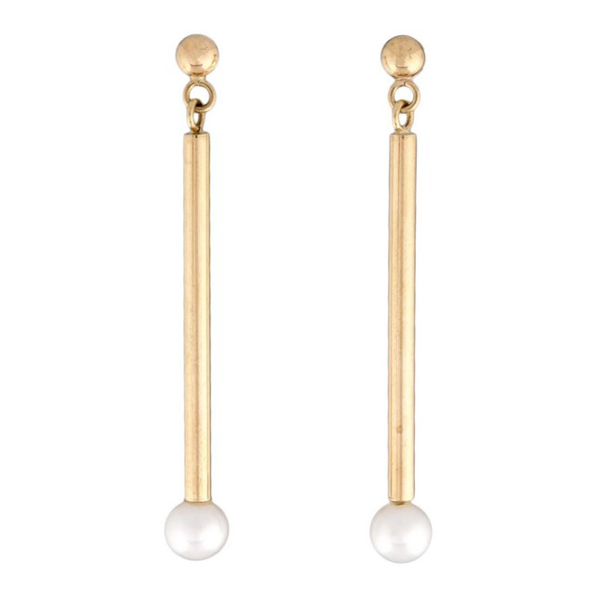 Modern Japanese cultured akoya pearl stick earrings featured in high polished 14k yellow gold.  The pearls are 6.5 - 6mm in size and dangle about 1