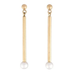 Cultured Akoya Pearl Stick Dangle Modern Earrings 14k Yellow Gold Gift For Women