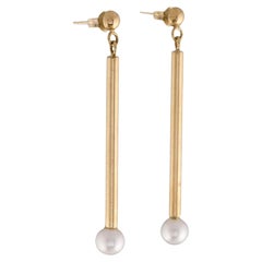 Cultured Akoya Pearl Stick Dangle Modern Earrings 14k Yellow Gold Gift For Women