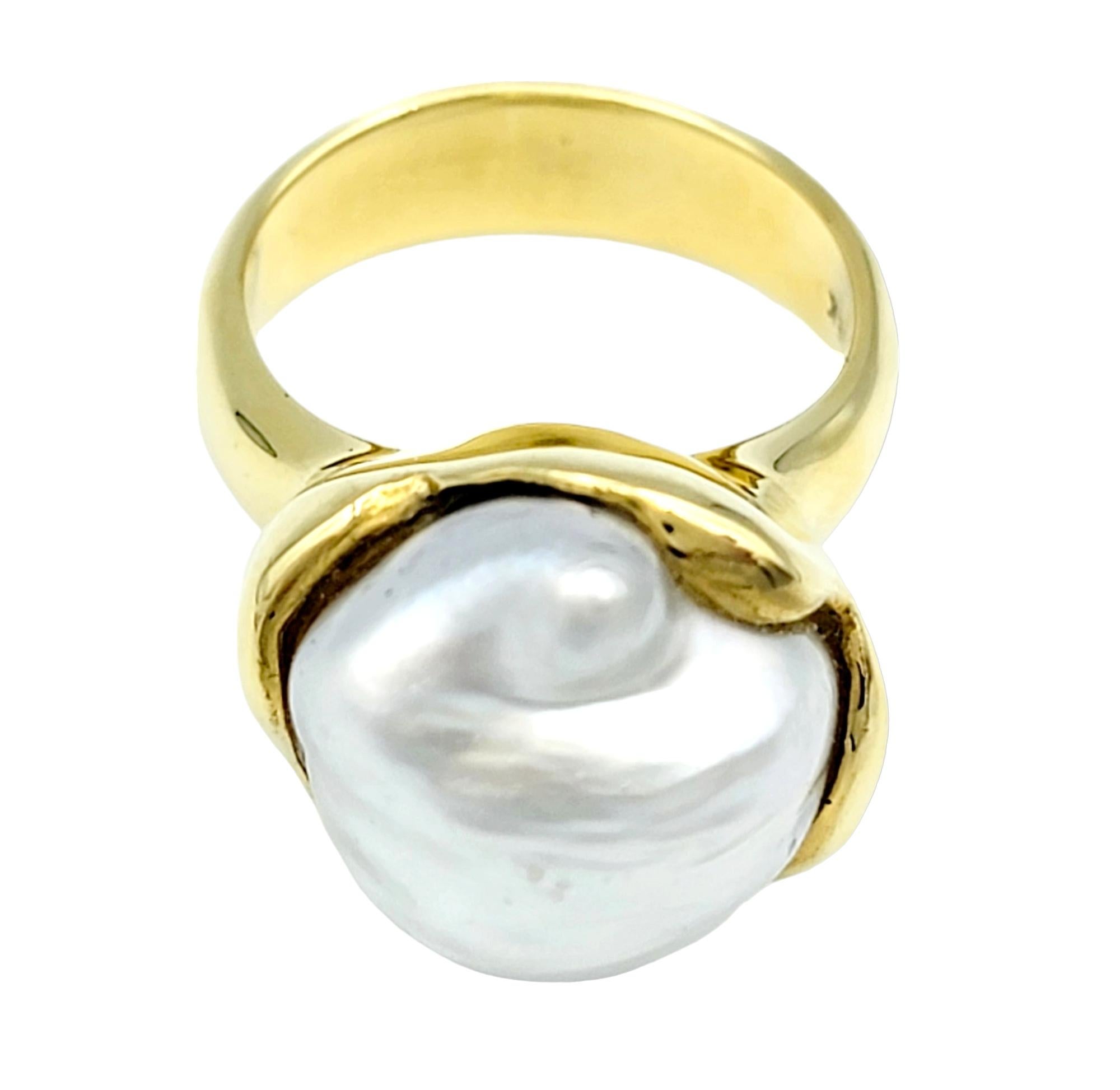 Uncut Cultured Baroque Fresh Water Pearl Freeform 18 Karat Yellow Gold Cocktail Ring  For Sale