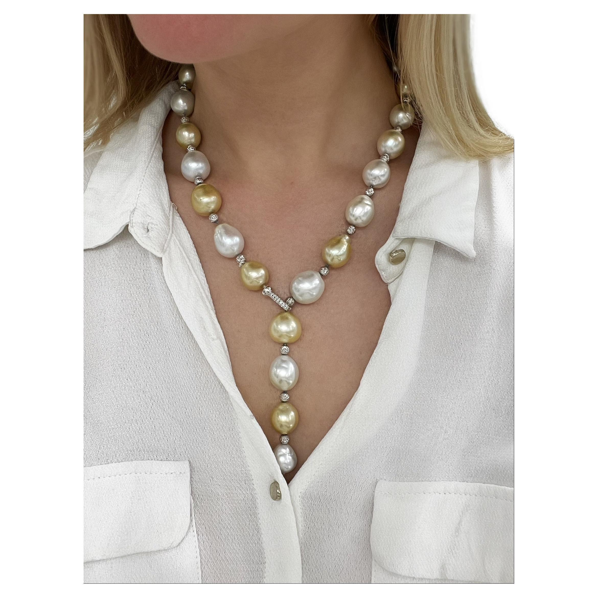 Cultured Baroque Pearl and Diamond Lariat Necklace For Sale