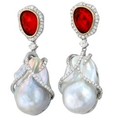 Cultured Baroque Pearl Fire Opal Diamond and White Gold Earrings