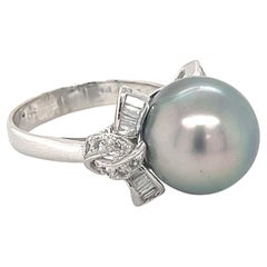 Cultured Black Pearl and Diamond Bowtie Style Ring in 18k White Gold