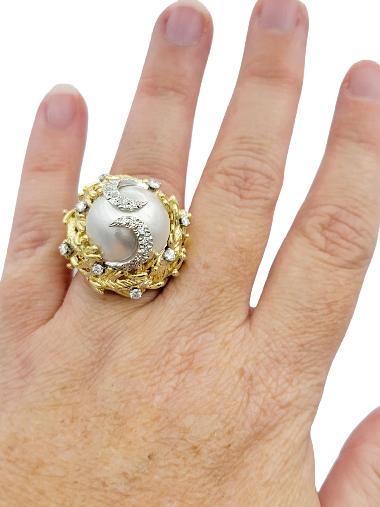 Large Cultured Pearl and Diamond Dome Cocktail Ring Set in 18 Karat Yellow Gold For Sale 1