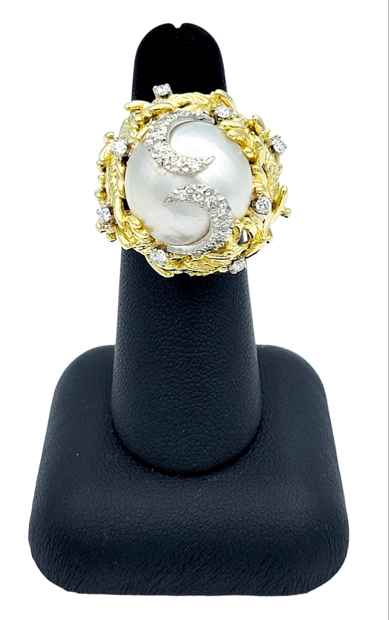 Large Cultured Pearl and Diamond Dome Cocktail Ring Set in 18 Karat Yellow Gold For Sale 2