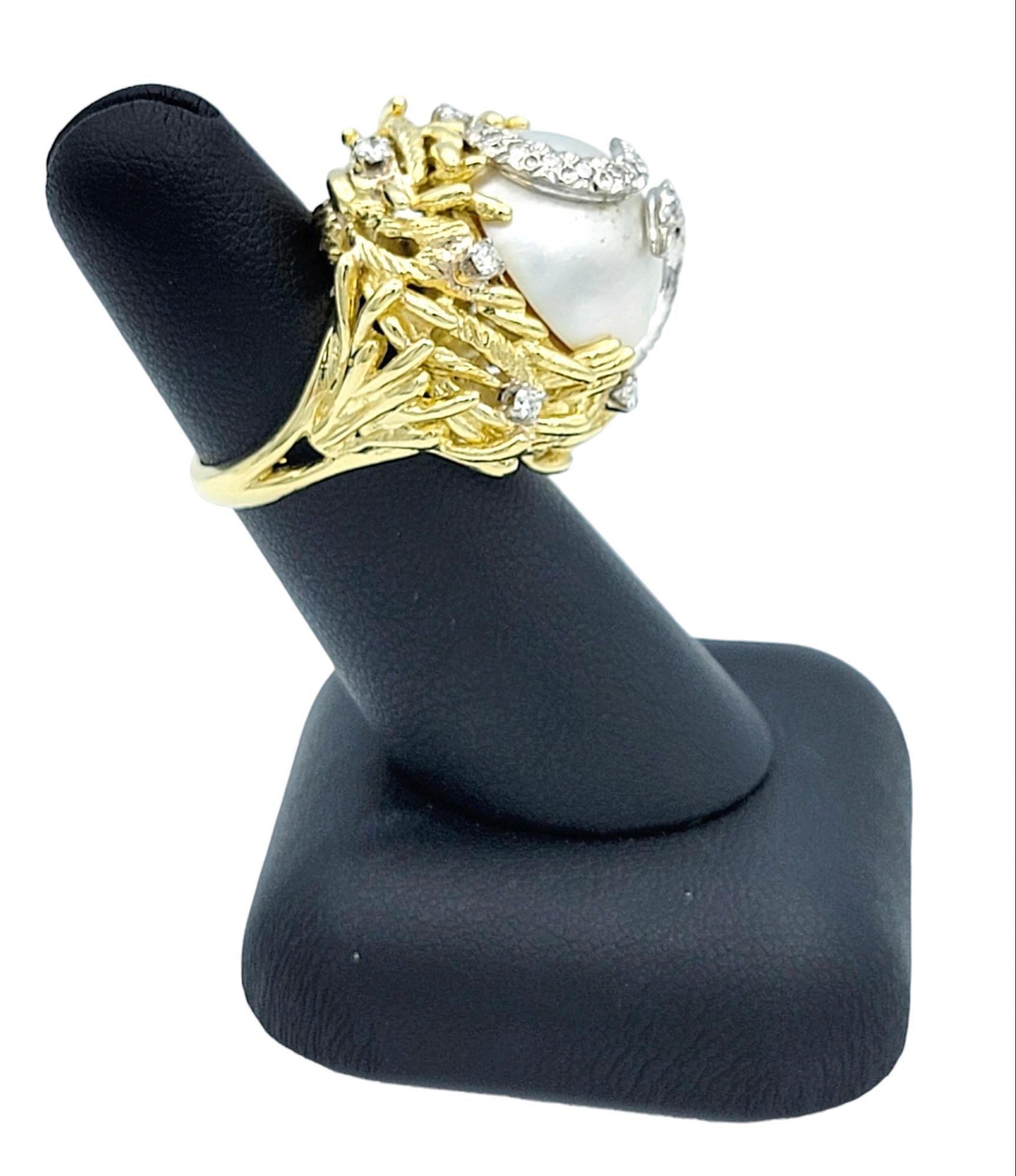 Large Cultured Pearl and Diamond Dome Cocktail Ring Set in 18 Karat Yellow Gold For Sale 3