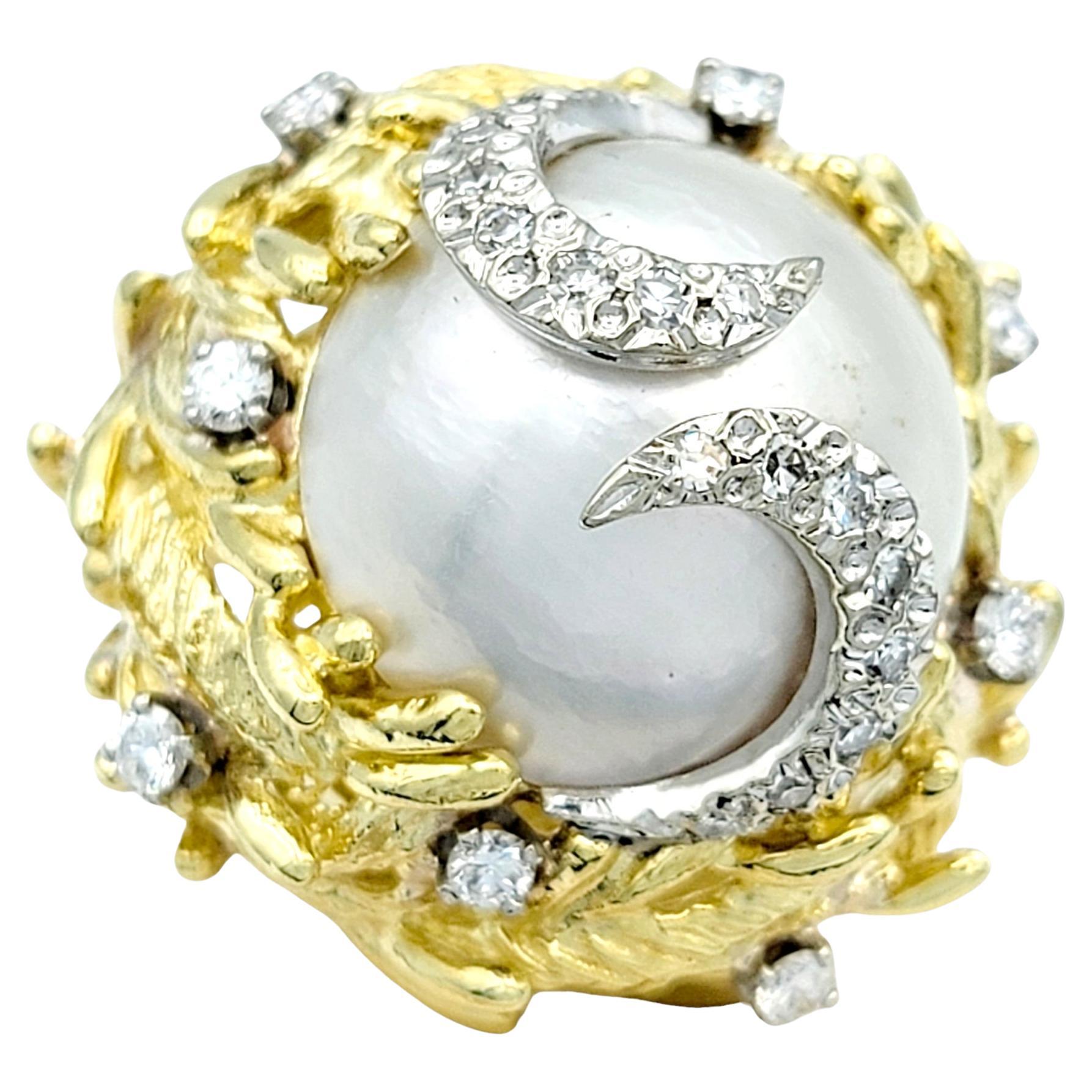 Large Cultured Pearl and Diamond Dome Cocktail Ring Set in 18 Karat Yellow Gold For Sale