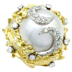 Large Cultured Pearl and Diamond Dome Cocktail Ring Set in 18 Karat Yellow Gold
