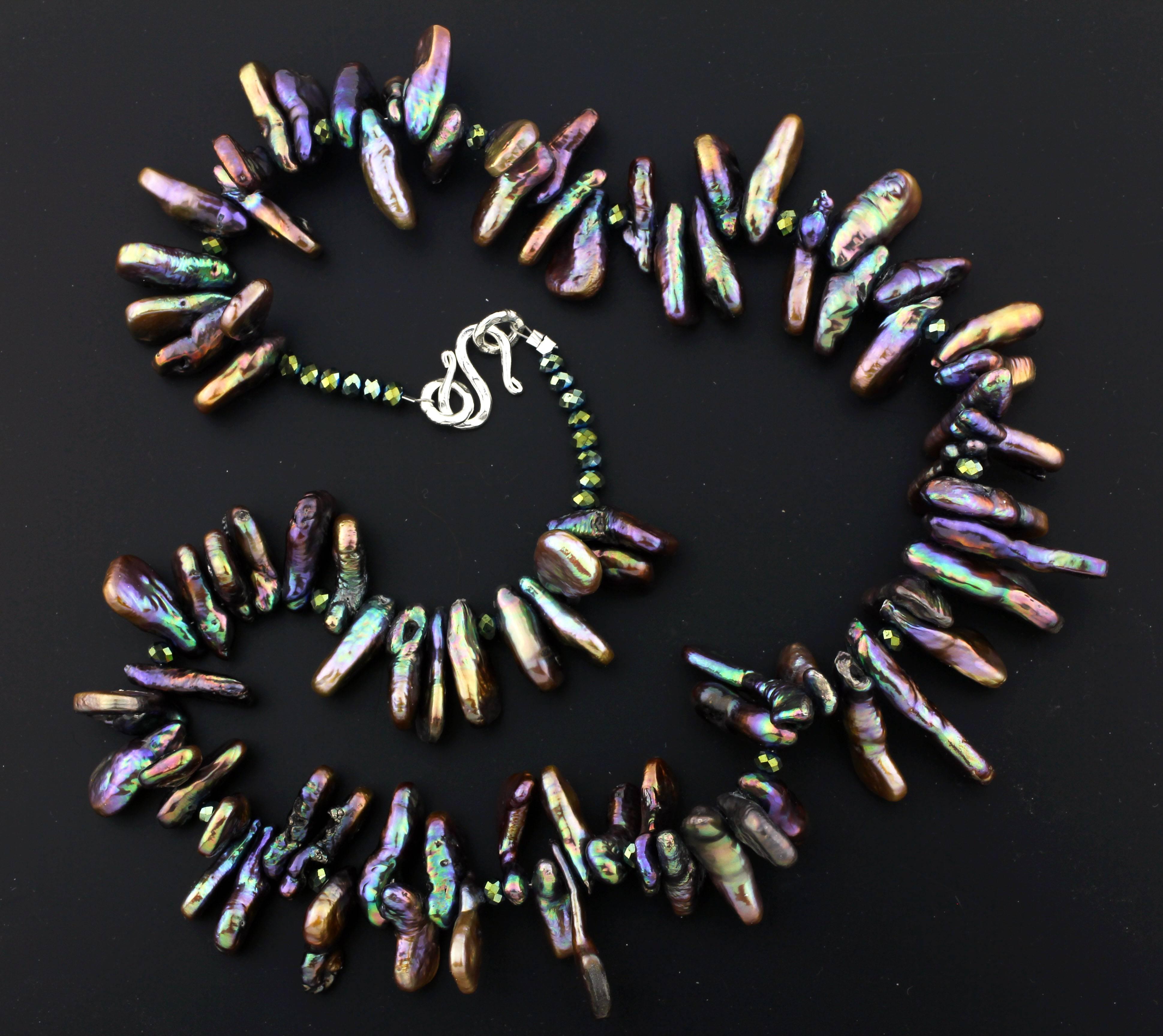 Mixed Cut Gemjunky Dramatic Irridescent Abalone Cultured Fresh Water Keshi Pearl Necklace