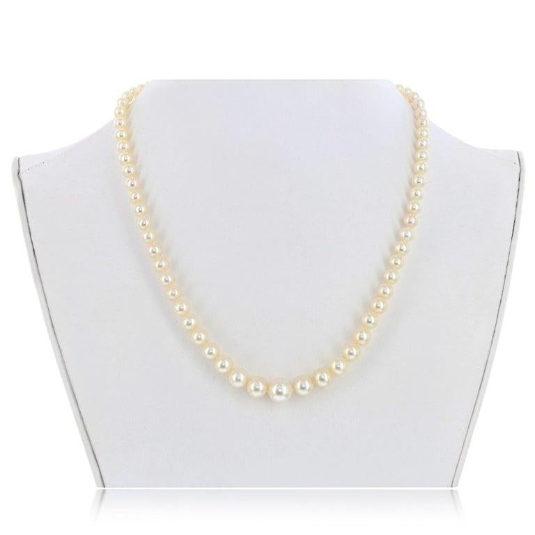 This Chinese freshwater cultured pearl necklace graduates from a 9mm center pearl down to a 6mm pearl. The 18 inch necklace is strung knotted on silk and finished with a classic sterling silver filigree clasp.
This gorgeous cultured freshwater pearl