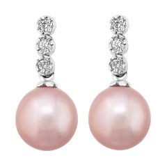 Cultured Freshwater Natural Pink Pearl and Diamond Dangle Earrings 14 Karat Gold