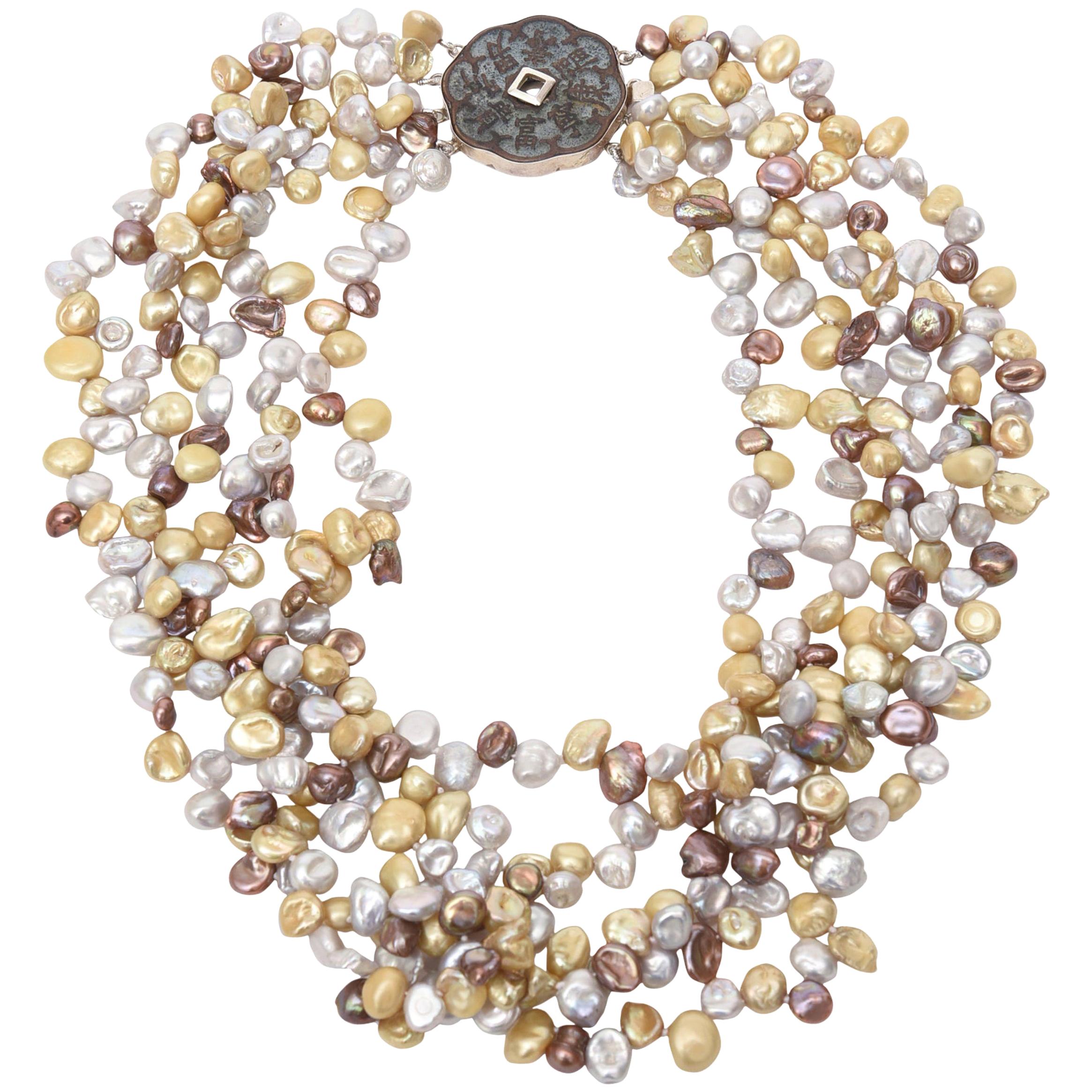 Cultured Freshwater Pearl and Sterling Silver Multi Strand Necklace