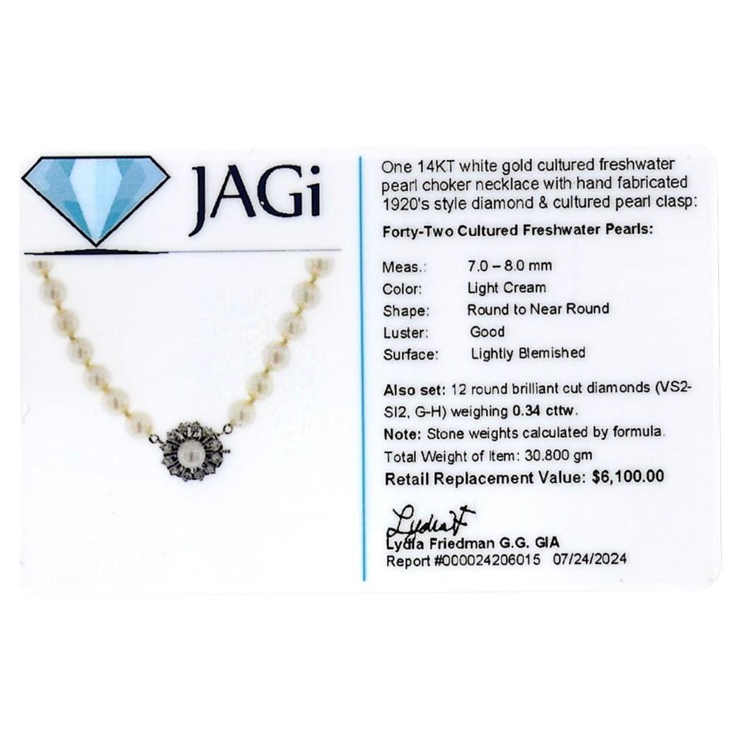 Cultured Freshwater Pearl Choker Necklace with Diamond Clasp in 14 Karat Gold For Sale 6