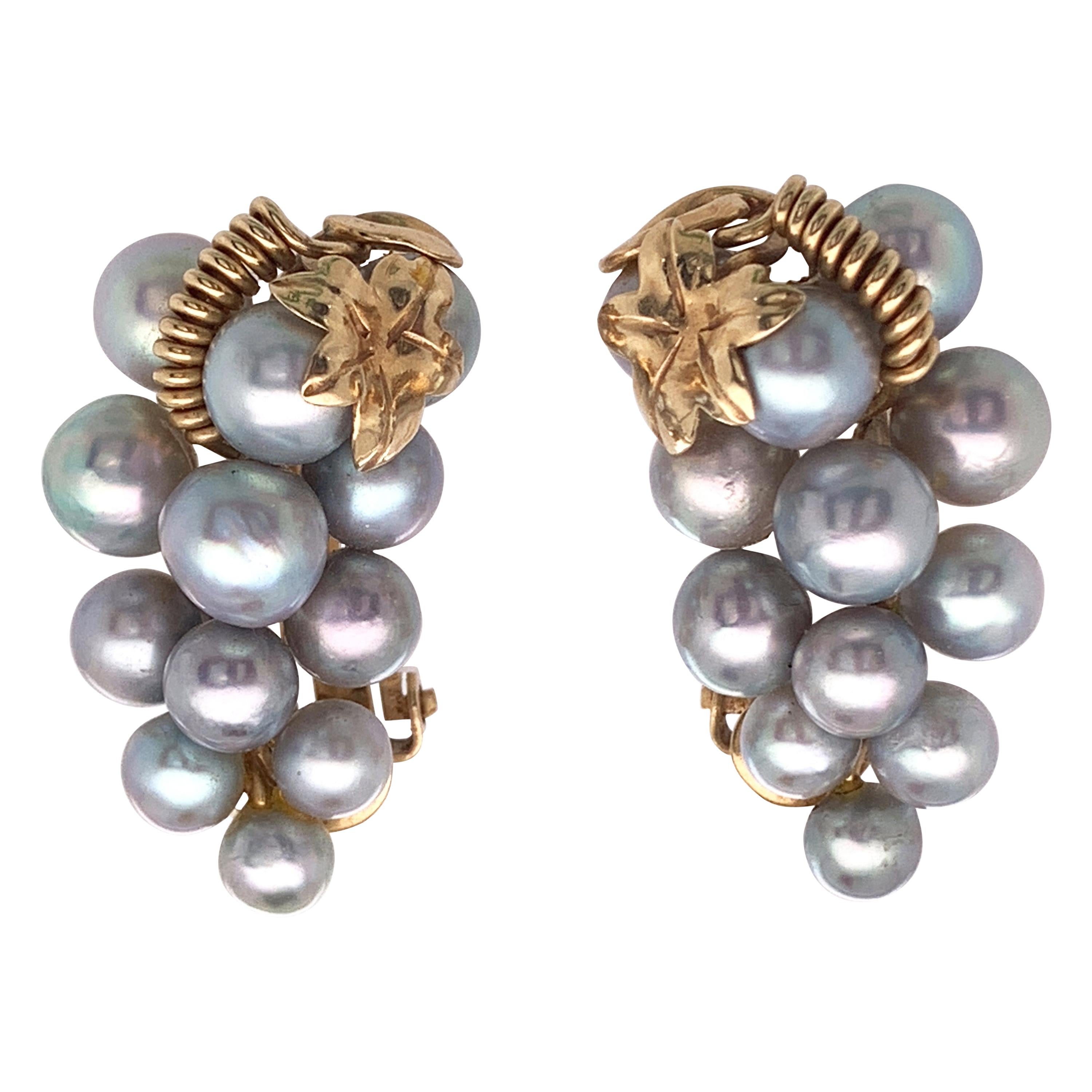 Cultured Freshwater Pearl Cluster-Grape Clip-On Earrings Set in 14 Karat Gold