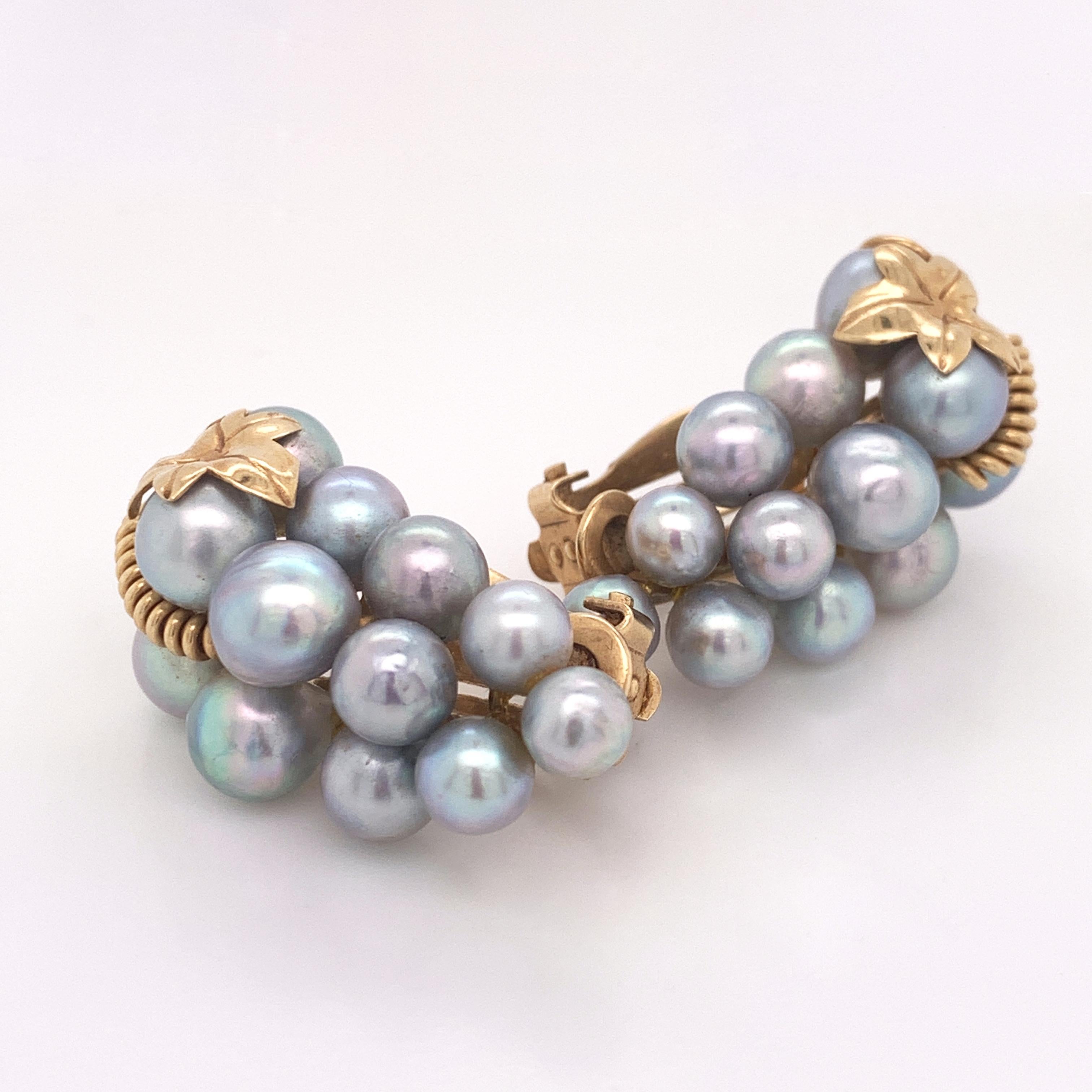 Artisan Cultured Freshwater Pearl Cluster-Grape Clip-On Earrings Set in 14 Karat Gold