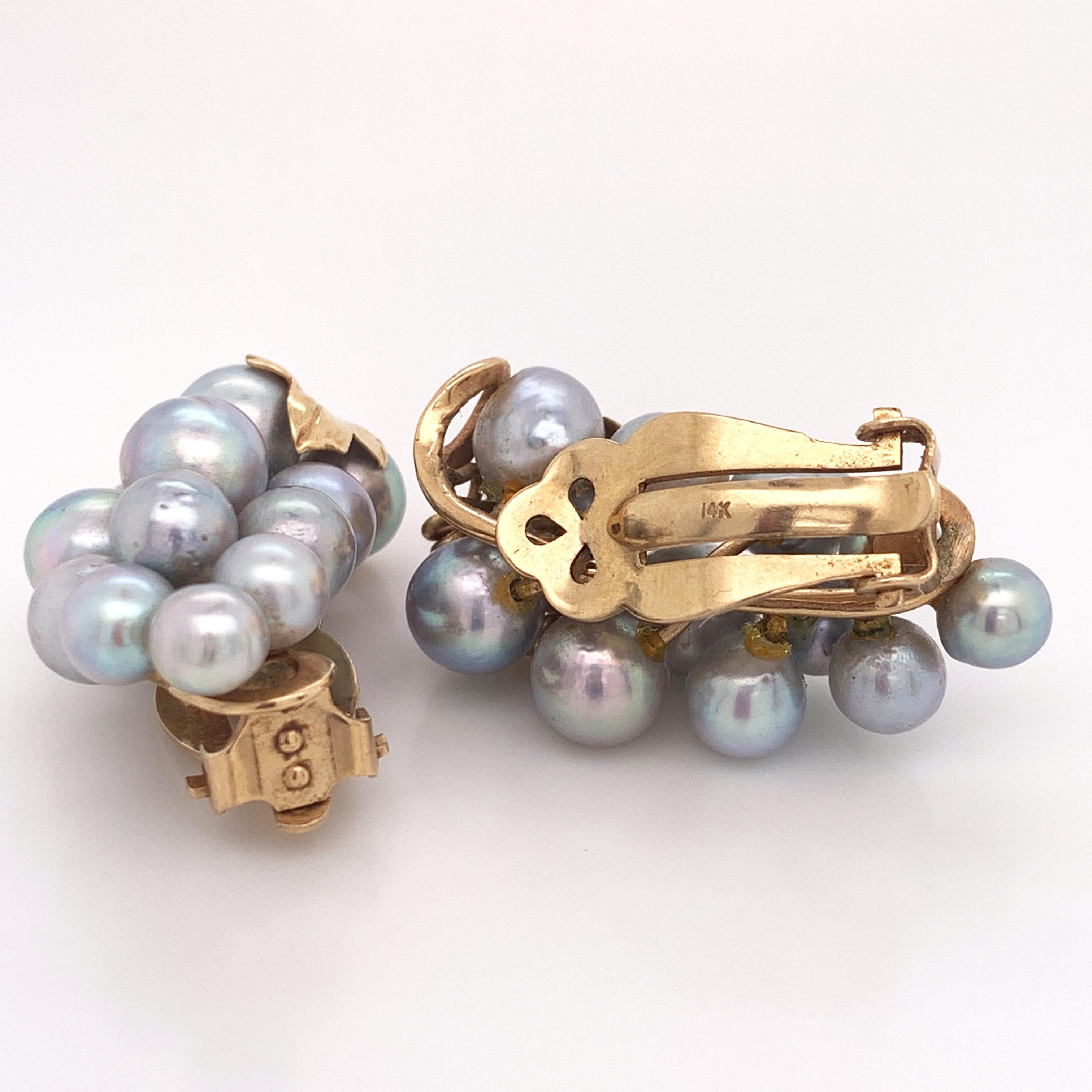 Round Cut Cultured Freshwater Pearl Cluster-Grape Clip-On Earrings Set in 14 Karat Gold