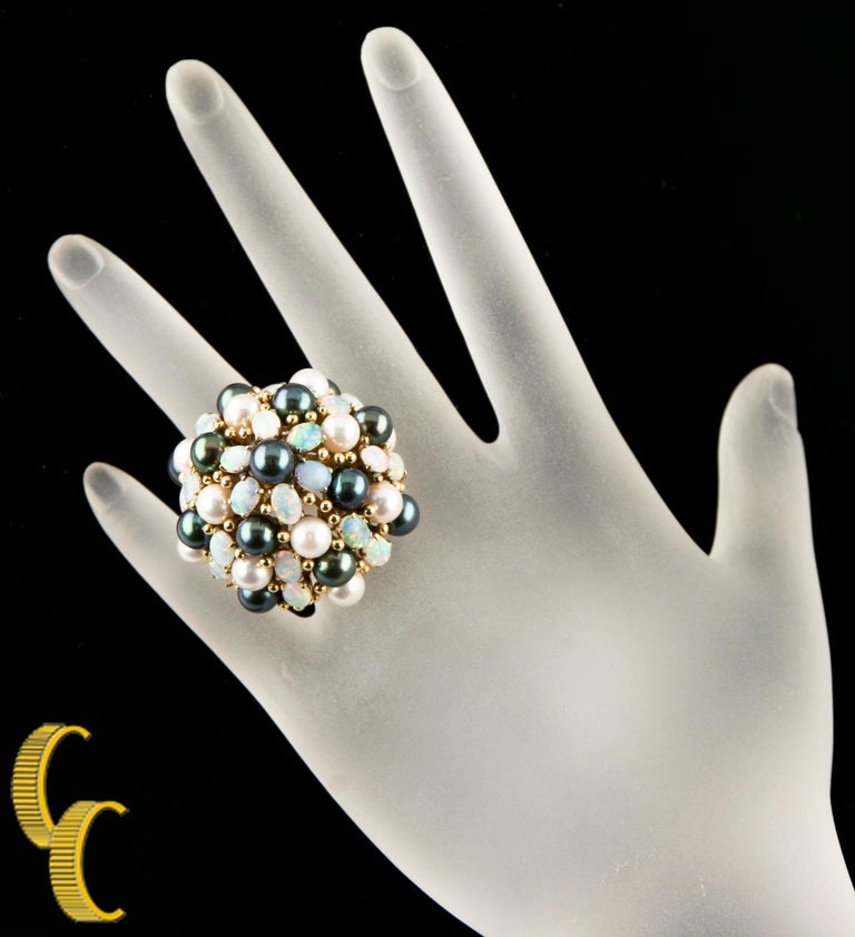 Cultured Freshwater Pearl, Opal Dome 18 Karat Yellow Gold Cocktail Ring In Good Condition For Sale In Sherman Oaks, CA