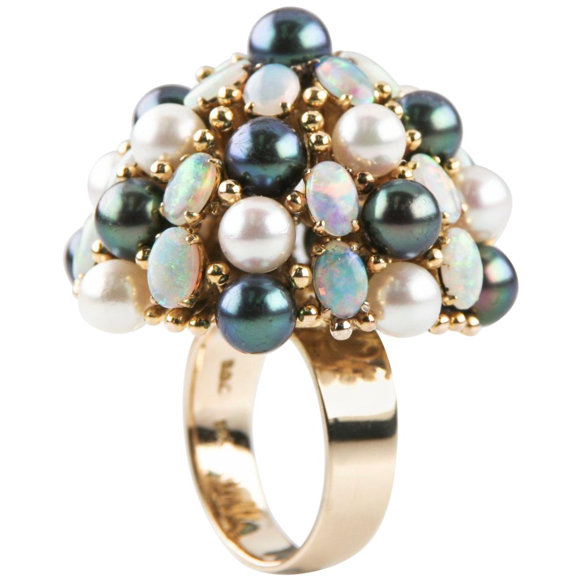 Cultured Freshwater Pearl, Opal Dome 18 Karat Yellow Gold Cocktail Ring