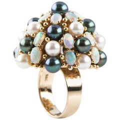 Vintage Cultured Freshwater Pearl, Opal Dome 18 Karat Yellow Gold Cocktail Ring