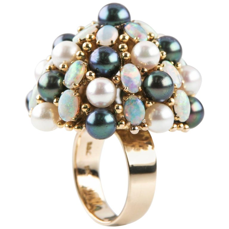 Cultured Freshwater Pearl, Opal Dome 18 Karat Yellow Gold Cocktail Ring For Sale