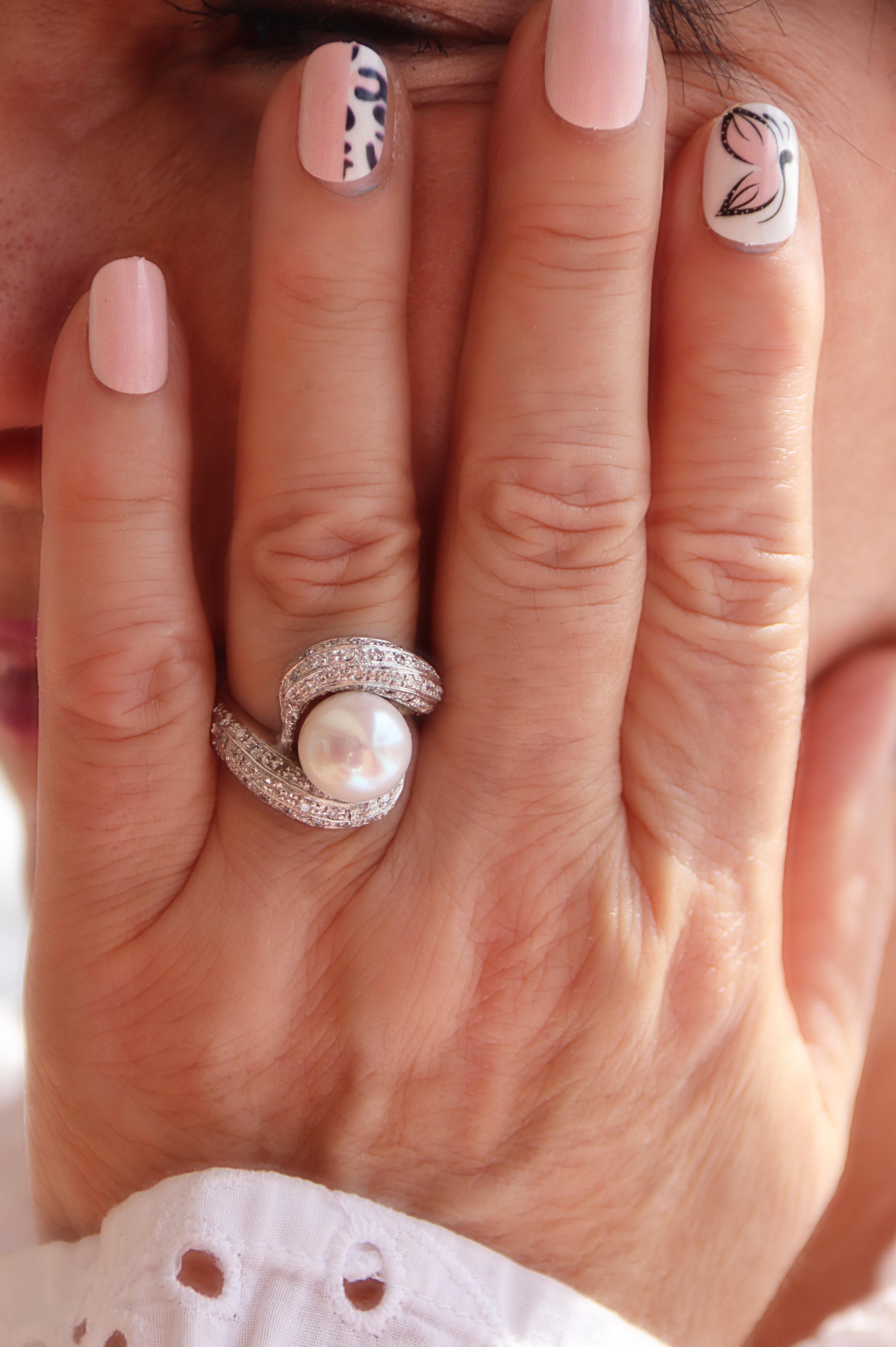 Gezüchtete Süßwasserperle Pavé Diamant 18 Kt Weißgold  Cocktail-Ring im Angebot 2