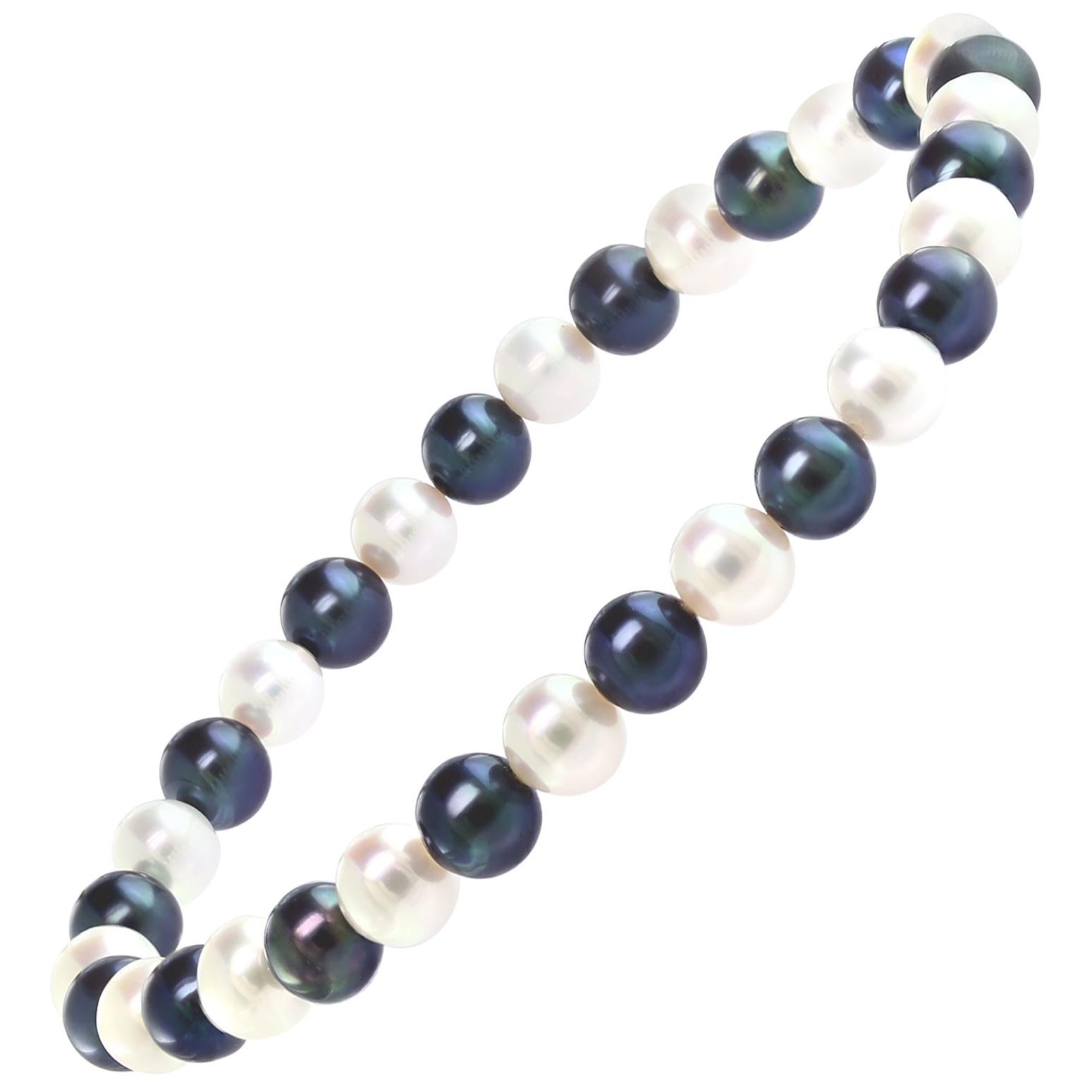 Cultured Freshwater Pearl White and Black Stretch Bracelet For Sale