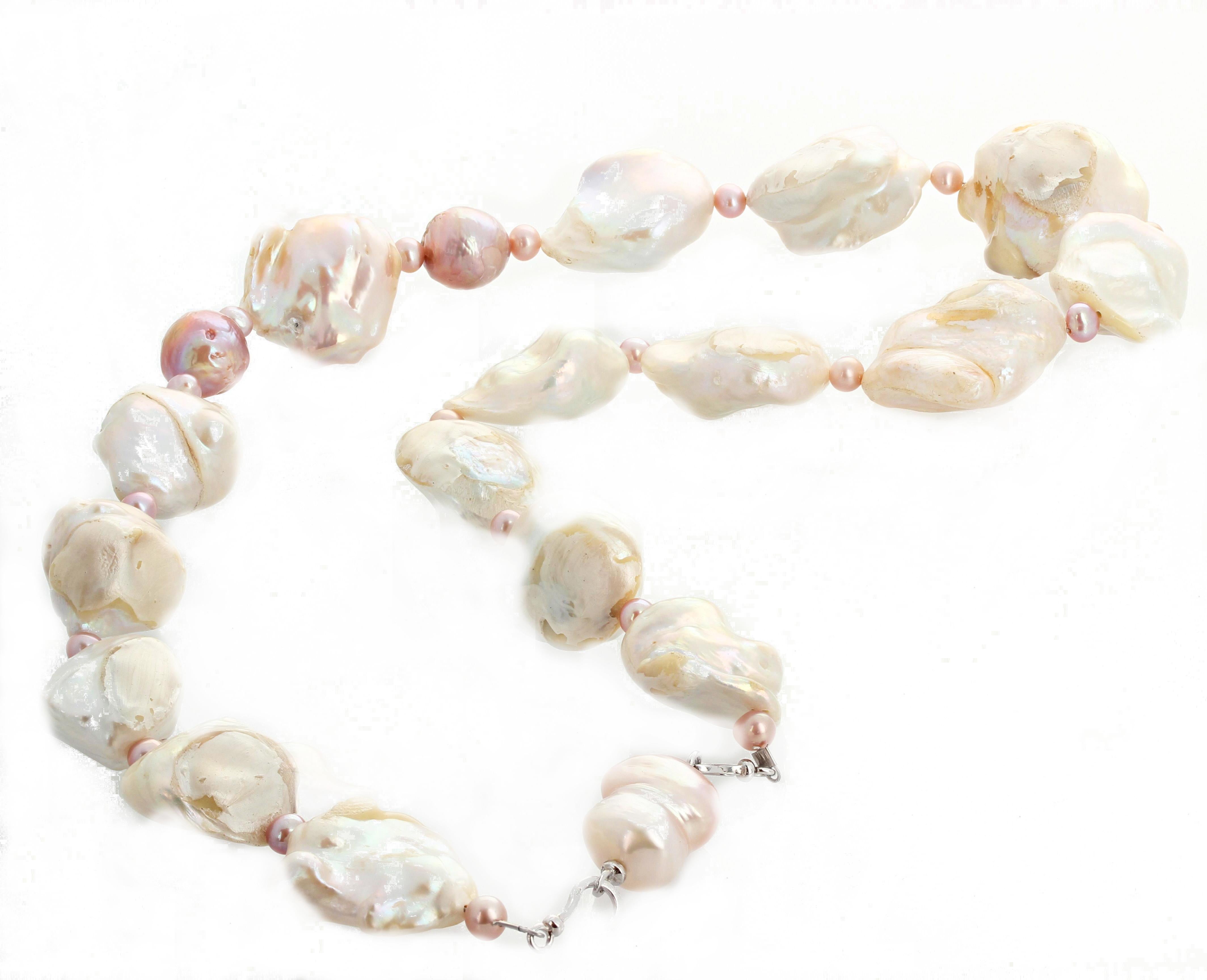 AJD Dramatic Cultured Glowing Baroque White Pearls & Pinkish Pearl 22
