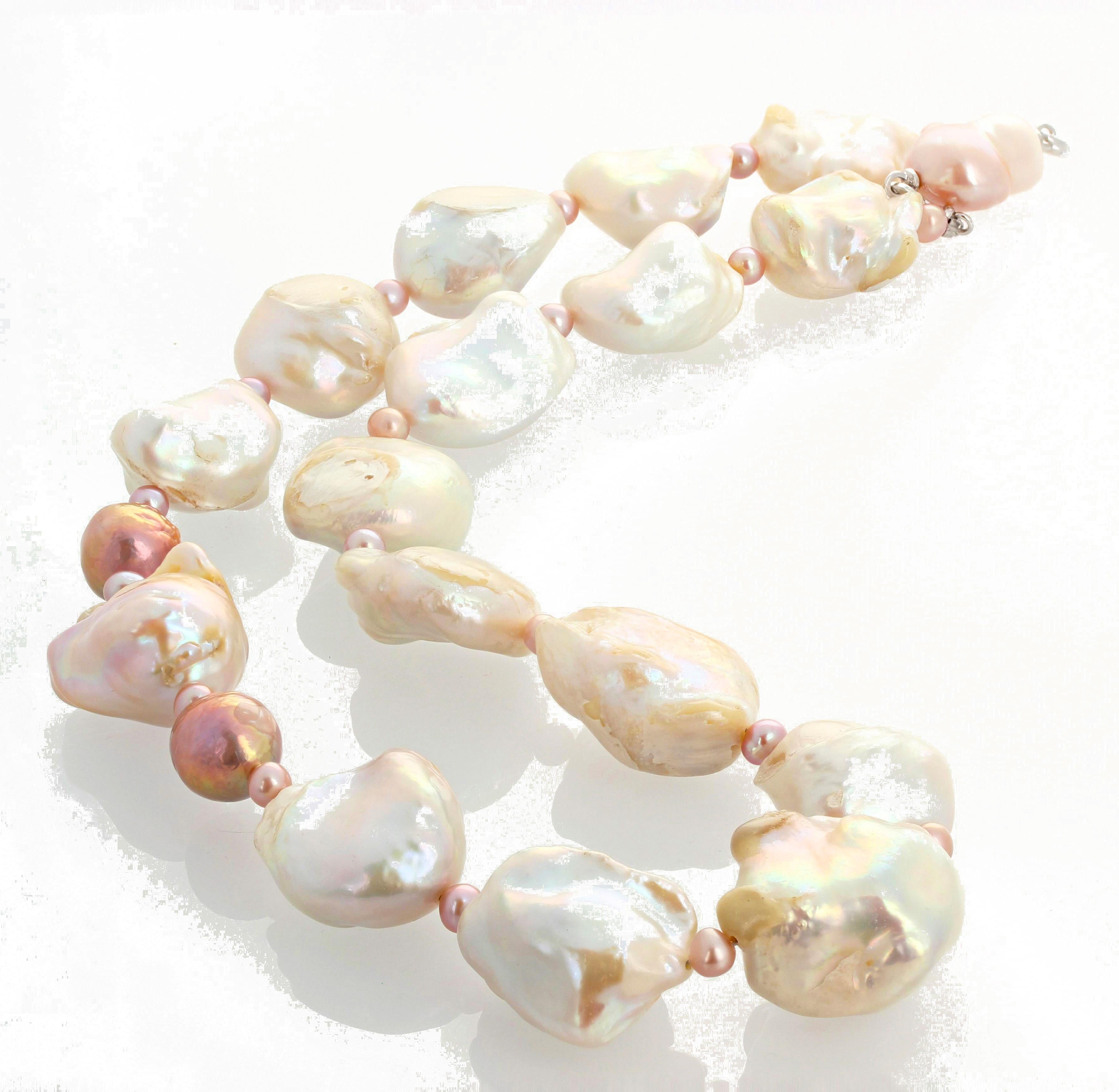 AJD Dramatic Cultured Glowing Baroque White Pearls & Pinkish Pearl 22