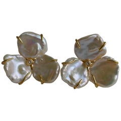 Cultured Keshi Pearls Flowers Earrings on 925 Vermeil Omega Clasp