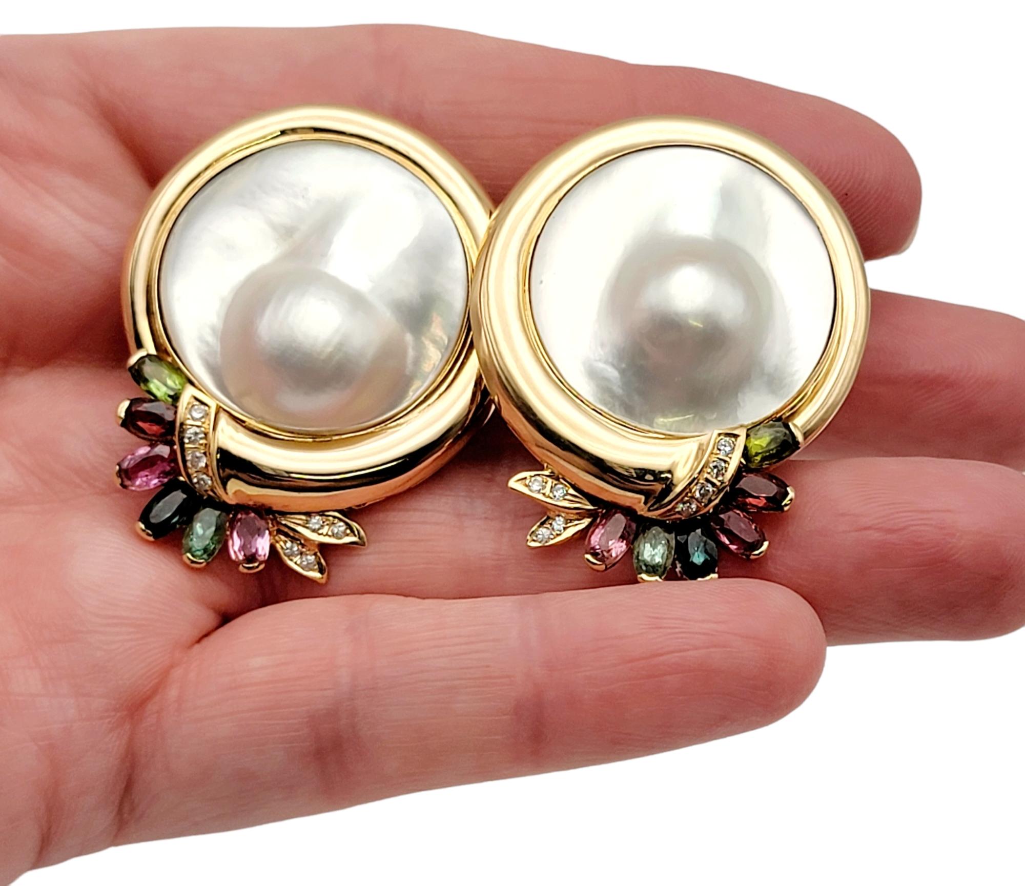 Cultured Mabe Blistered Pearl 14 Karat Gold Earrings with Diamonds and Gemstones For Sale 1